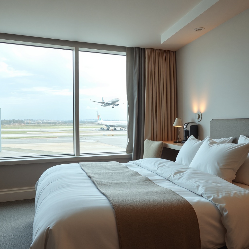 Peaceful soundproofed hotel room near CDG airport with view of airplane, ideal for a restful layover