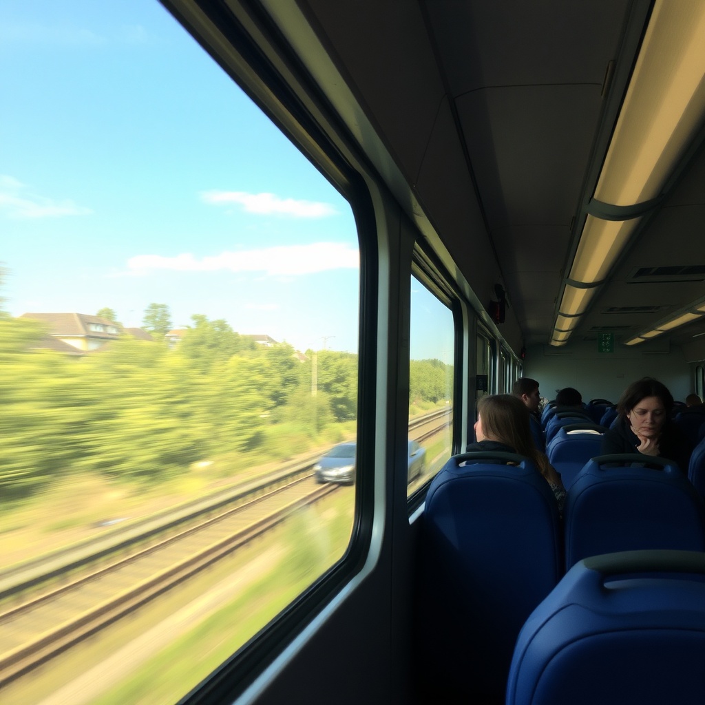 Interior of RER B train traveling from CDG airport to Paris, with scenic view through the window