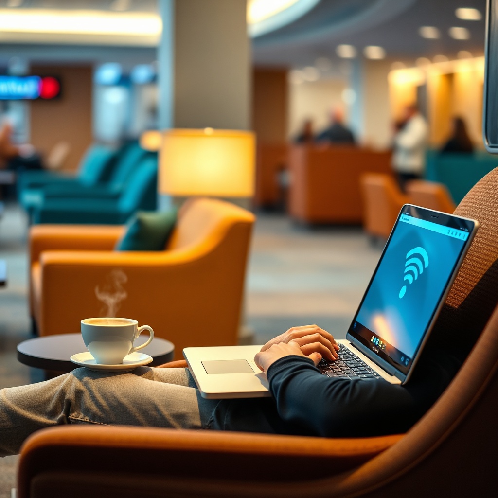 Passenger working online with CDG airport wifi in a comfortable lounge, using a laptop while enjoying coffee during a layover