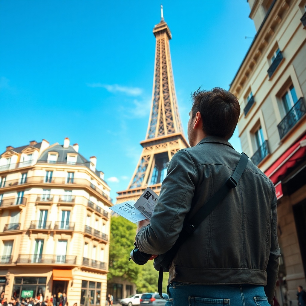 Traveler with a camera and map looking at the Eiffel Tower during a quick Paris layover from CDG airport, illustrating a short sightseeing trip from Charles de Gaulle.