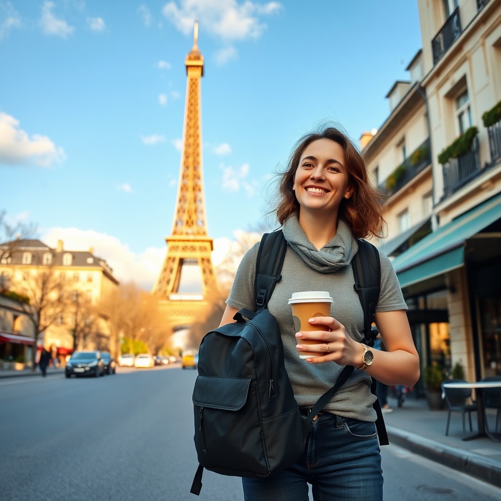 Passenger enjoying a short Paris visit during a long layover at Charles de Gaulle Airport, with the Eiffel Tower visible in the background.