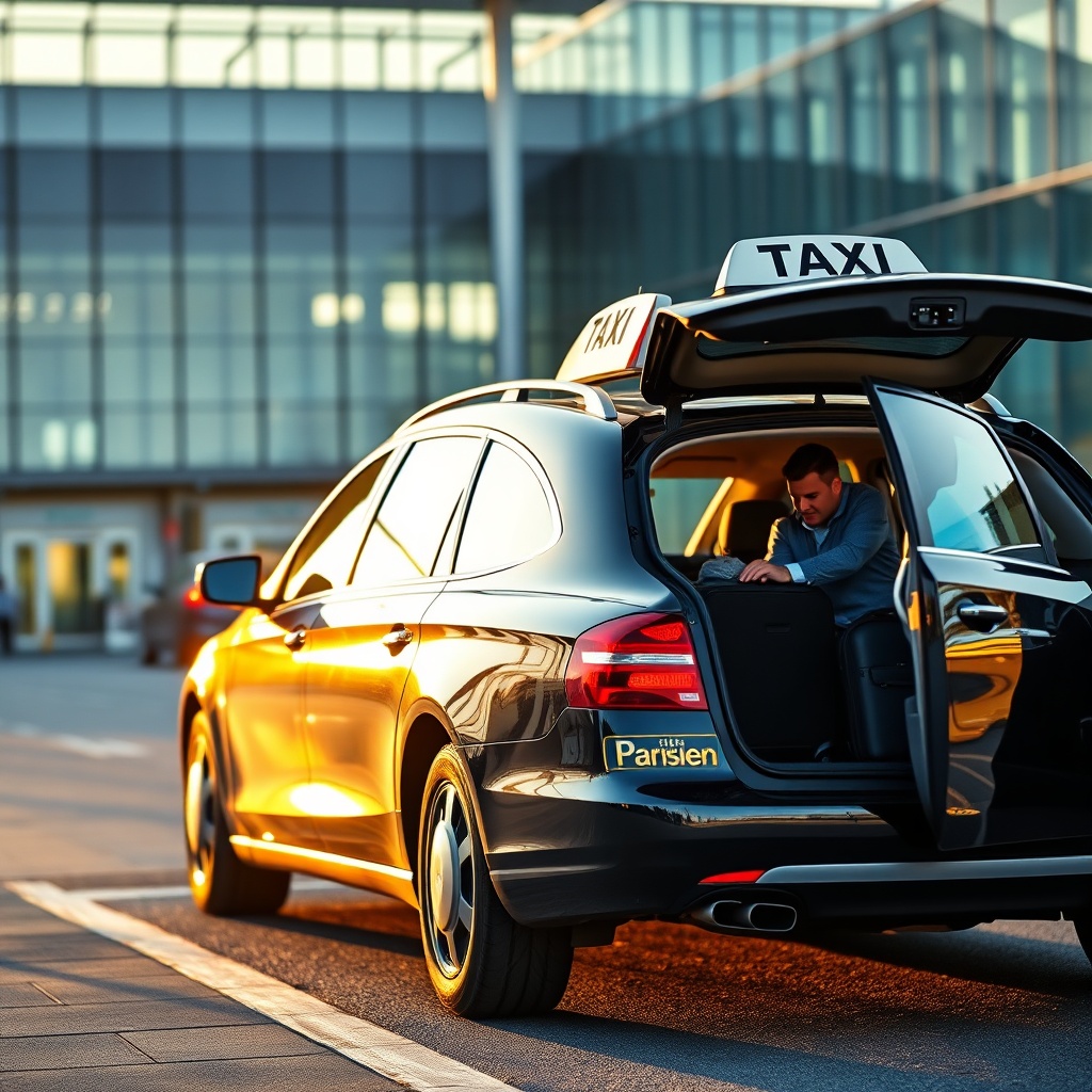 Official taxi at Charles de Gaulle Airport providing door-to-door CDG to Paris transportation for a family with luggage