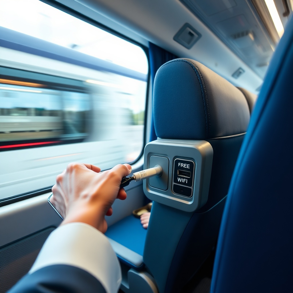 Interior of a RoissyBus coach featuring USB-C charging ports, free Wi-Fi, and comfortable seating, providing a connected and comfortable journey from Paris to Charles de Gaulle Airport. The modern cabin design ensures a pleasant travel experience for passengers.