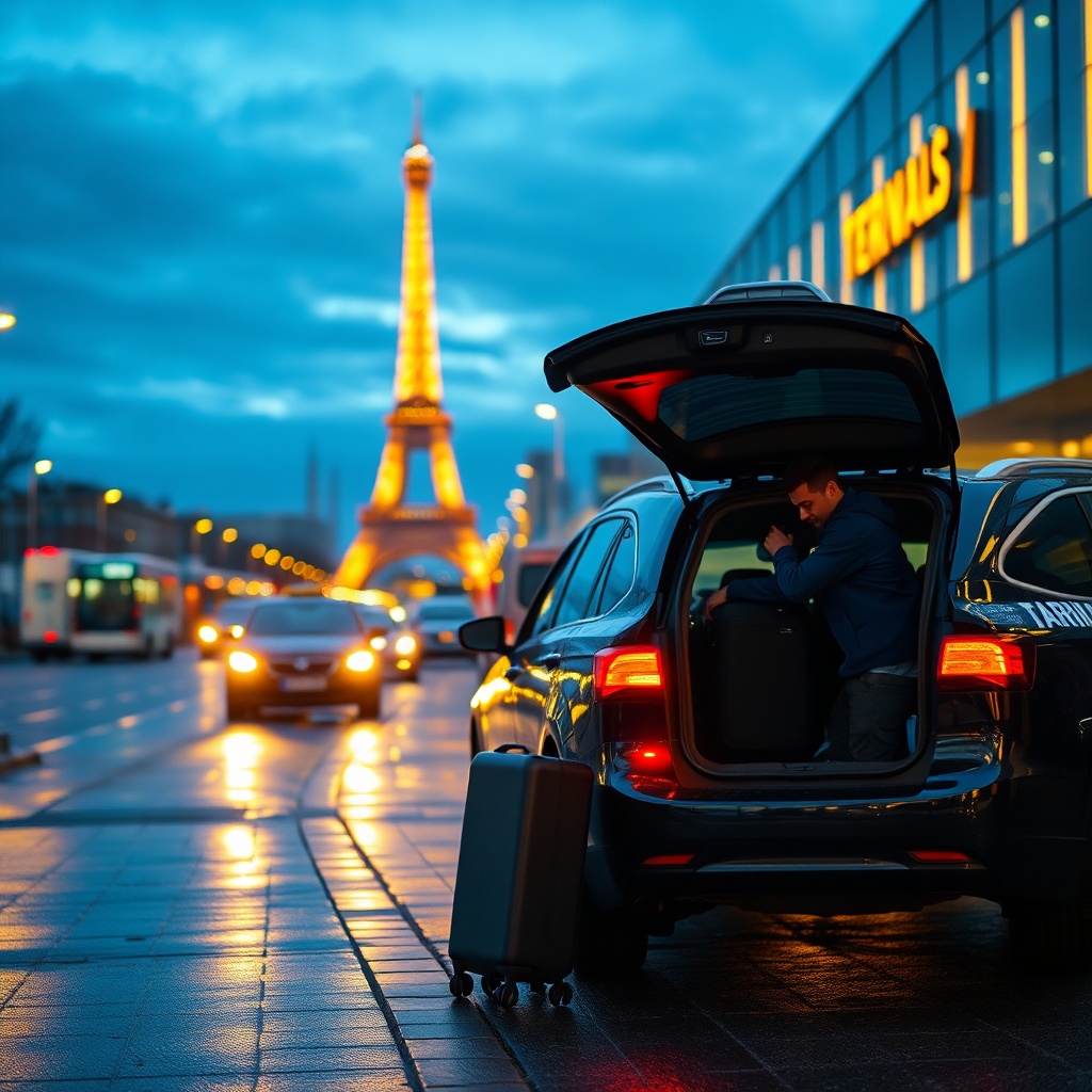 Official taxi at Charles de Gaulle Airport providing flat-rate door-to-door transfer to Paris, a comfortable private alternative for travelers from Charles de Gaulle to Paris