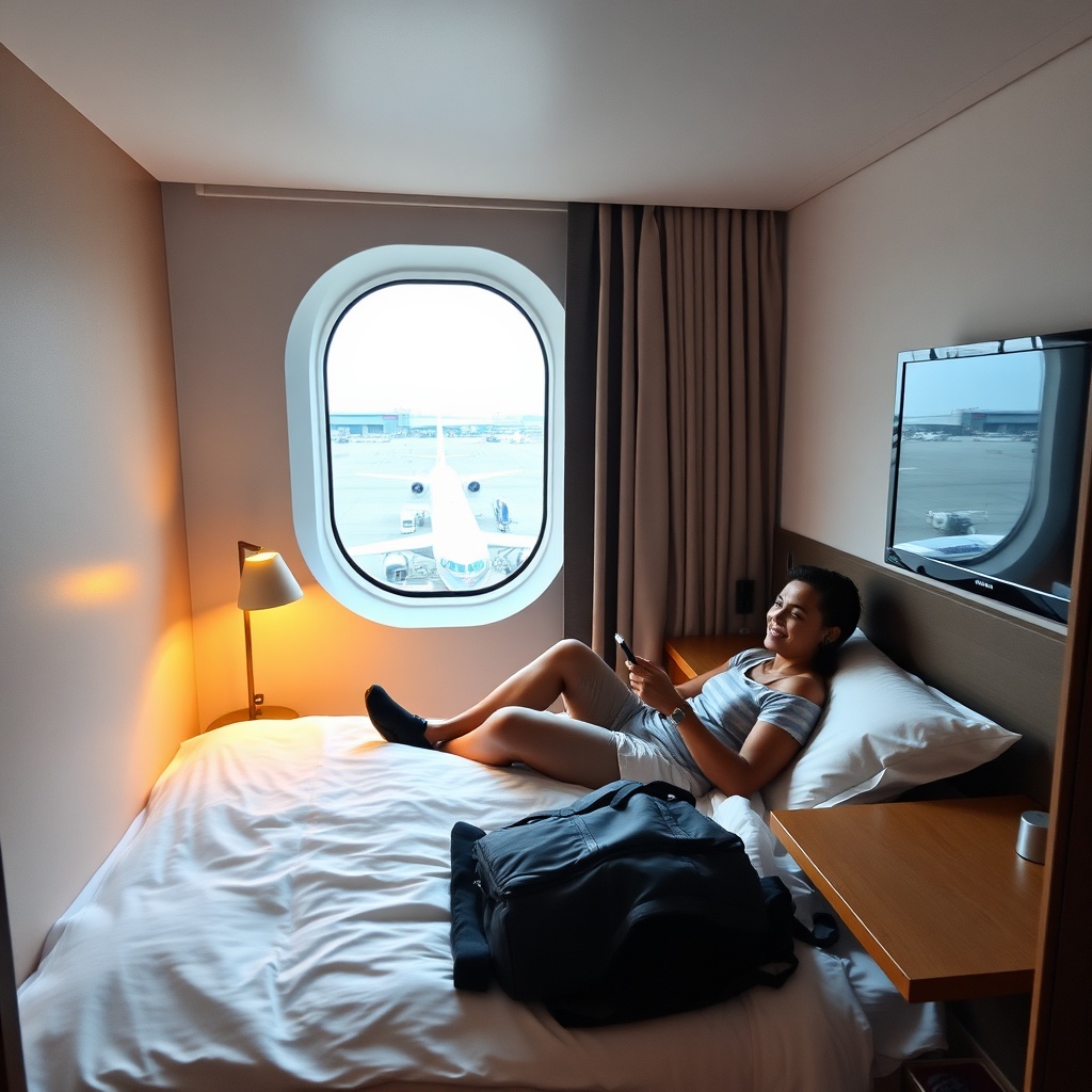 Compact Yotelair cabin in Terminal 2E, a convenient CDG airport hotel option for short layovers, with a traveler relaxing before a flight.