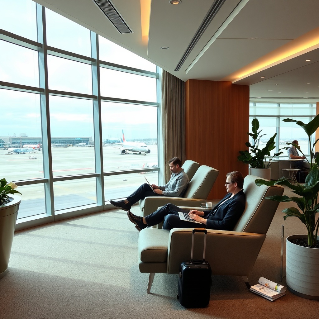 A quiet, comfortable lounge at CDG airport where a traveler works on a laptop and enjoys coffee, providing a productive option for things to do during a long layover at CDG airport.