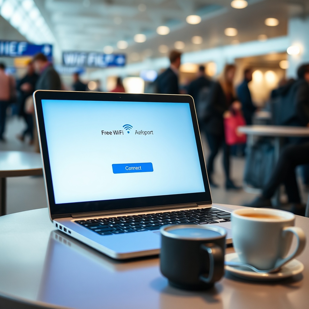 Laptop showing CDG airport wifi free connection page on a café table in a Paris Charles de Gaulle lounge, ready for seamless browsing during a layover.