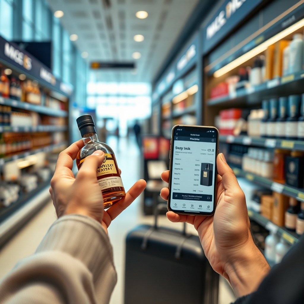 CDG airport duty free worth it? A savvy traveler compares duty-free prices on whisky and perfume with online prices using a smartphone at a Paris airport duty-free shop.