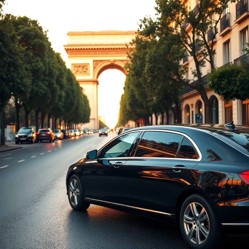 Luxury private transfer car driving from CDG to Paris city center, passing the Arc de Triomphe at golden hour, offering a comfortable and convenient airport transfer experience