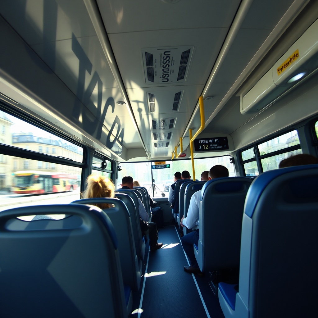 Interior of RoissyBus to Paris with spacious seating, luggage racks, and views of the city, showcasing a comfortable journey from CDG